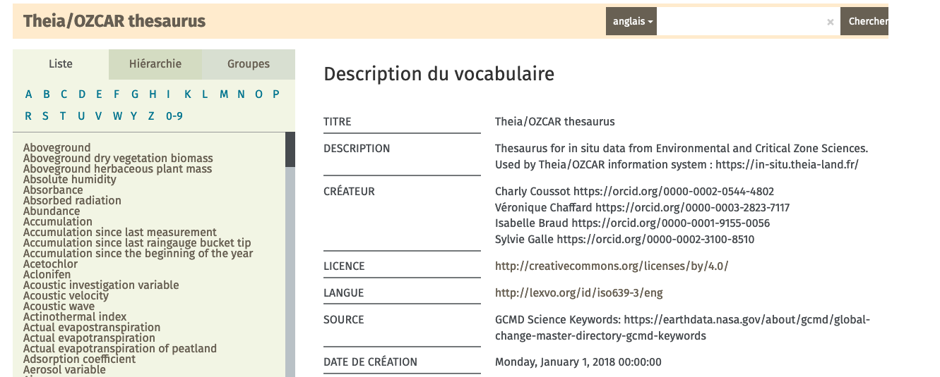 Example of Theia/Ozcar vocabulary (Skosmos) 