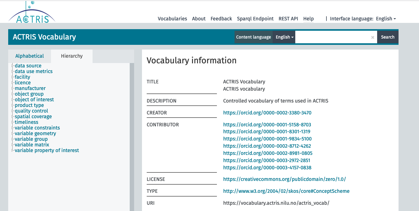 Example of ACTRIS vocabulary (Skosmos) 