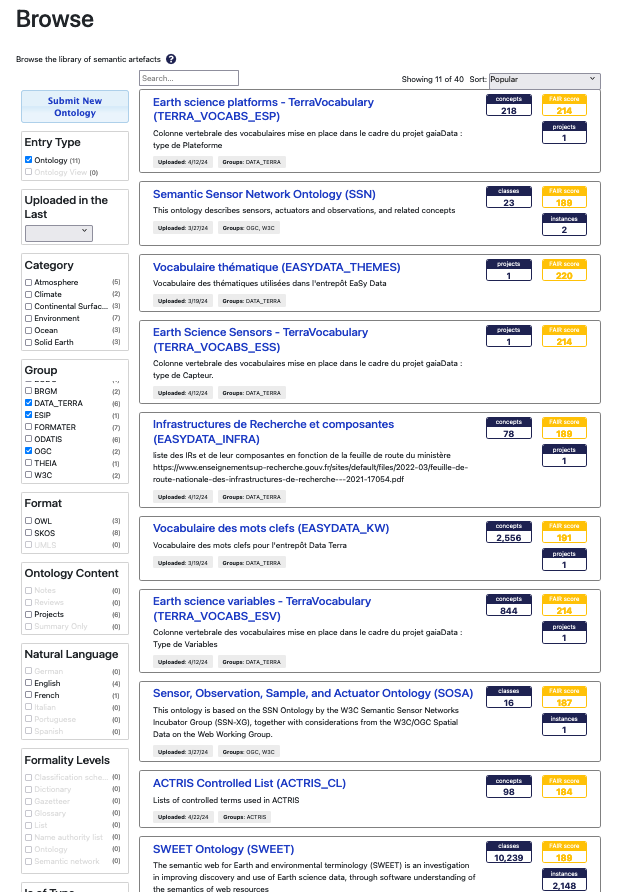 Example of semantic artefacts in EarthPortal 